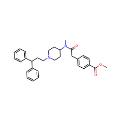 COC(=O)c1ccc(CC(=O)N(C)C2CCN(CCC(c3ccccc3)c3ccccc3)CC2)cc1 ZINC000028347638