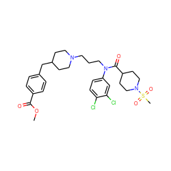 COC(=O)c1ccc(CC2CCN(CCCN(C(=O)C3CCN(S(C)(=O)=O)CC3)c3ccc(Cl)c(Cl)c3)CC2)cc1 ZINC000038156569