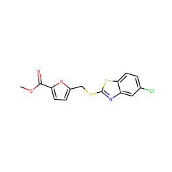 COC(=O)c1ccc(CSc2nc3cc(Cl)ccc3s2)o1 ZINC000003423384