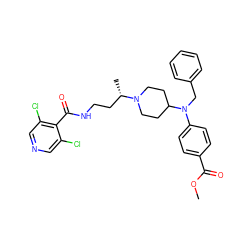 COC(=O)c1ccc(N(Cc2ccccc2)C2CCN([C@@H](C)CCNC(=O)c3c(Cl)cncc3Cl)CC2)cc1 ZINC000082154126