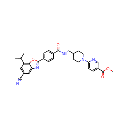 COC(=O)c1ccc(N2CCC(CNC(=O)c3ccc(-c4nc5cc(C#N)cc(C(C)C)c5o4)cc3)CC2)nc1 ZINC000066073641