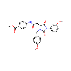 COC(=O)c1ccc(NC(=O)C[C@H]2C(=O)N(c3cccc(OC)c3)C(=O)N2Cc2ccc(OC)cc2)cc1 ZINC000009933928