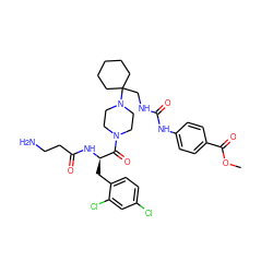 COC(=O)c1ccc(NC(=O)NCC2(N3CCN(C(=O)[C@@H](Cc4ccc(Cl)cc4Cl)NC(=O)CCN)CC3)CCCCC2)cc1 ZINC000028462667