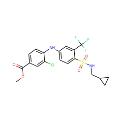 COC(=O)c1ccc(Nc2ccc(S(=O)(=O)NCC3CC3)c(C(F)(F)F)c2)c(Cl)c1 ZINC000146064634