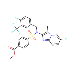 COC(=O)c1ccc(S(=O)(=O)N(Cc2ccc(F)c(C(F)(F)F)c2)c2nc3ccc(F)cn3c2C)cc1 ZINC000147673098