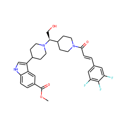 COC(=O)c1ccc2[nH]cc(C3CCN([C@@H](CO)C4CCN(C(=O)/C=C/c5cc(F)c(F)c(F)c5)CC4)CC3)c2c1 ZINC000029044679