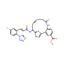 COC(=O)c1ccc2c(c1)-c1c[nH]c(n1)[C@@H](NC(=O)/C=C/c1cc(Cl)ccc1-n1cnnn1)C/C=C/CCC(=O)N2 ZINC000167295605