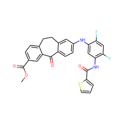 COC(=O)c1ccc2c(c1)C(=O)c1ccc(Nc3cc(NC(=O)c4cccs4)c(F)cc3F)cc1CC2 ZINC001772618733