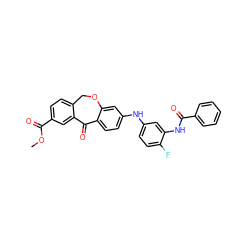 COC(=O)c1ccc2c(c1)C(=O)c1ccc(Nc3ccc(F)c(NC(=O)c4ccccc4)c3)cc1OC2 ZINC001772646833