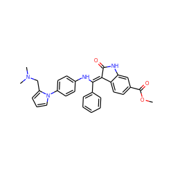 COC(=O)c1ccc2c(c1)NC(=O)/C2=C(\Nc1ccc(-n2cccc2CN(C)C)cc1)c1ccccc1 ZINC001772640745