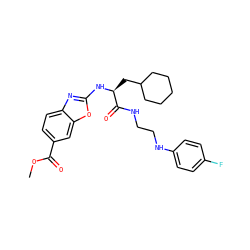 COC(=O)c1ccc2nc(N[C@@H](CC3CCCCC3)C(=O)NCCNc3ccc(F)cc3)oc2c1 ZINC000014971599