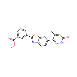 COC(=O)c1cccc(-c2nc3ccc(-c4n[nH]c(=O)cc4C)cc3o2)c1 ZINC000168919698