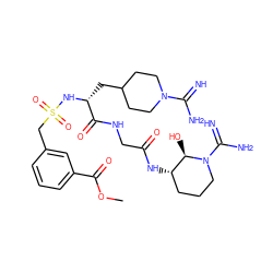 COC(=O)c1cccc(CS(=O)(=O)N[C@H](CC2CCN(C(=N)N)CC2)C(=O)NCC(=O)N[C@H]2CCCN(C(=N)N)[C@@H]2O)c1 ZINC000027849487