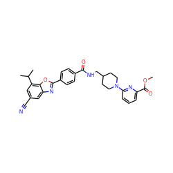 COC(=O)c1cccc(N2CCC(CNC(=O)c3ccc(-c4nc5cc(C#N)cc(C(C)C)c5o4)cc3)CC2)n1 ZINC000066075059