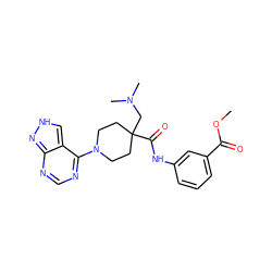 COC(=O)c1cccc(NC(=O)C2(CN(C)C)CCN(c3ncnc4n[nH]cc34)CC2)c1 ZINC000473115930