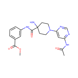 COC(=O)c1cccc(NC(=O)C2(N)CCN(c3cc(NC(C)=O)ncn3)CC2)c1 ZINC000473116466