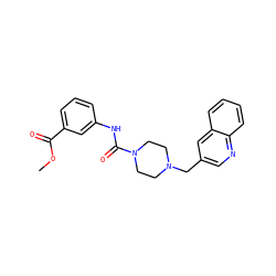 COC(=O)c1cccc(NC(=O)N2CCN(Cc3cnc4ccccc4c3)CC2)c1 ZINC000038225383