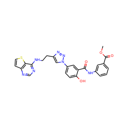 COC(=O)c1cccc(NC(=O)c2cc(-n3cc(CCNc4ncnc5ccsc45)nn3)ccc2O)c1 ZINC000653709127