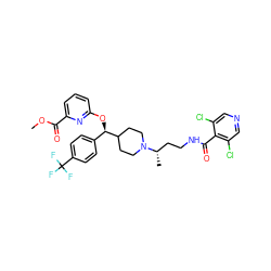 COC(=O)c1cccc(O[C@H](c2ccc(C(F)(F)F)cc2)C2CCN([C@@H](C)CCNC(=O)c3c(Cl)cncc3Cl)CC2)n1 ZINC000072132824