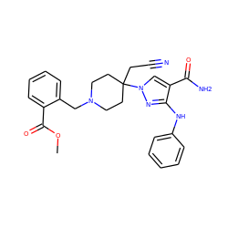 COC(=O)c1ccccc1CN1CCC(CC#N)(n2cc(C(N)=O)c(Nc3ccccc3)n2)CC1 ZINC000221035457