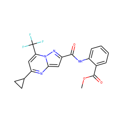 COC(=O)c1ccccc1NC(=O)c1cc2nc(C3CC3)cc(C(F)(F)F)n2n1 ZINC000004810962