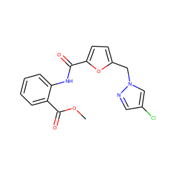 COC(=O)c1ccccc1NC(=O)c1ccc(Cn2cc(Cl)cn2)o1 ZINC000002767585
