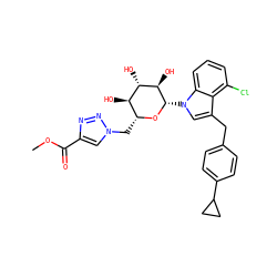 COC(=O)c1cn(C[C@H]2O[C@@H](n3cc(Cc4ccc(C5CC5)cc4)c4c(Cl)cccc43)[C@H](O)[C@@H](O)[C@@H]2O)nn1 ZINC000219451413