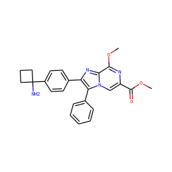 COC(=O)c1cn2c(-c3ccccc3)c(-c3ccc(C4(N)CCC4)cc3)nc2c(OC)n1 ZINC000205132230