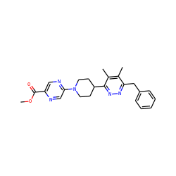 COC(=O)c1cnc(N2CCC(c3nnc(Cc4ccccc4)c(C)c3C)CC2)cn1 ZINC000117252607