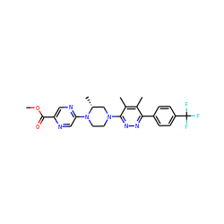 COC(=O)c1cnc(N2CCN(c3nnc(-c4ccc(C(F)(F)F)cc4)c(C)c3C)C[C@H]2C)cn1 ZINC000205784888