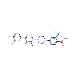 COC(=O)c1cnc(N2CCN(c3nnc(-c4ccc(F)c(Cl)c4)c(C)c3C)CC2)cc1C(F)(F)F ZINC000201148891