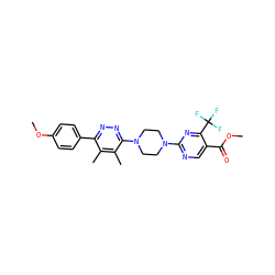 COC(=O)c1cnc(N2CCN(c3nnc(-c4ccc(OC)cc4)c(C)c3C)CC2)nc1C(F)(F)F ZINC000201144517