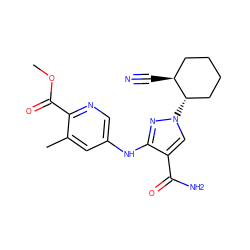 COC(=O)c1ncc(Nc2nn([C@H]3CCCC[C@@H]3C#N)cc2C(N)=O)cc1C ZINC000221137179