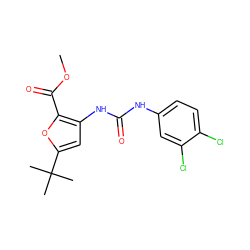 COC(=O)c1oc(C(C)(C)C)cc1NC(=O)Nc1ccc(Cl)c(Cl)c1 ZINC000028221839