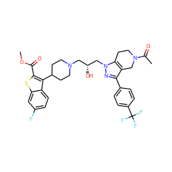 COC(=O)c1sc2cc(F)ccc2c1C1CCN(C[C@@H](O)Cn2nc(-c3ccc(C(F)(F)F)cc3)c3c2CCN(C(C)=O)C3)CC1 ZINC000028824381