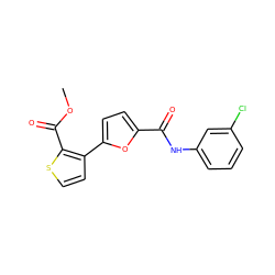 COC(=O)c1sccc1-c1ccc(C(=O)Nc2cccc(Cl)c2)o1 ZINC000004039002