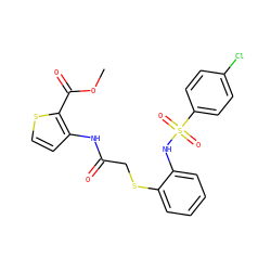 COC(=O)c1sccc1NC(=O)CSc1ccccc1NS(=O)(=O)c1ccc(Cl)cc1 ZINC000008666988