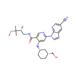 COC(C)(C)[C@H](F)CNC(=O)c1cnc(-n2ccc3cc(C#N)cnc32)cc1N[C@H]1CCC[C@@H](CO)C1 ZINC001772583424