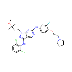 COC(C)(C)CCn1nc(Nc2c(Cl)cccc2Cl)c2cnc(Nc3ccc(OCCN4CCCC4)c(F)c3)nc21 ZINC000042806095