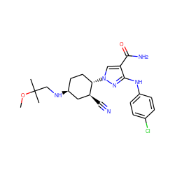 COC(C)(C)CN[C@H]1CC[C@H](n2cc(C(N)=O)c(Nc3ccc(Cl)cc3)n2)[C@@H](C#N)C1 ZINC000222979415