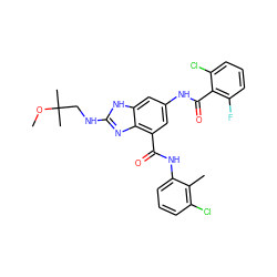 COC(C)(C)CNc1nc2c(C(=O)Nc3cccc(Cl)c3C)cc(NC(=O)c3c(F)cccc3Cl)cc2[nH]1 ZINC000220354547