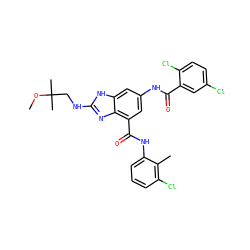 COC(C)(C)CNc1nc2c(C(=O)Nc3cccc(Cl)c3C)cc(NC(=O)c3cc(Cl)ccc3Cl)cc2[nH]1 ZINC000218683736