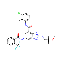 COC(C)(C)CNc1nc2c(C(=O)Nc3cccc(Cl)c3C)cc(NC(=O)c3ccccc3C(F)(F)F)cc2[nH]1 ZINC000205653949