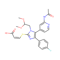 COC(Cn1c(S/C=C\C(=O)O)nc(-c2ccc(F)cc2)c1-c1ccnc(NC(C)=O)c1)OC ZINC000208692395