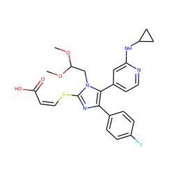 COC(Cn1c(S/C=C\C(=O)O)nc(-c2ccc(F)cc2)c1-c1ccnc(NC2CC2)c1)OC ZINC000299858199