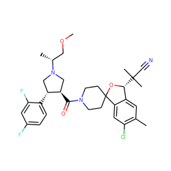 COC[C@@H](C)N1C[C@@H](C(=O)N2CCC3(CC2)O[C@H](C(C)(C)C#N)c2cc(C)c(Cl)cc23)[C@H](c2ccc(F)cc2F)C1 ZINC000058639026