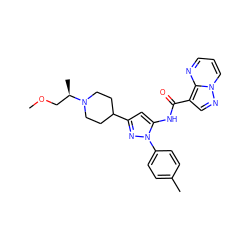 COC[C@@H](C)N1CCC(c2cc(NC(=O)c3cnn4cccnc34)n(-c3ccc(C)cc3)n2)CC1 ZINC000145882832