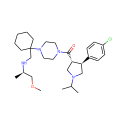 COC[C@@H](C)NCC1(N2CCN(C(=O)[C@H]3CN(C(C)C)C[C@@H]3c3ccc(Cl)cc3)CC2)CCCCC1 ZINC000028953560