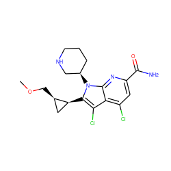 COC[C@@H]1C[C@@H]1c1c(Cl)c2c(Cl)cc(C(N)=O)nc2n1[C@@H]1CCCNC1 ZINC001772584588