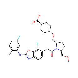 COC[C@@H]1CC[C@@H](CO[C@H]2CC[C@H](C(=O)O)CC2)N1C(=O)Cc1ccc2nc(Nc3cc(F)ccc3C)oc2c1F ZINC000261189891